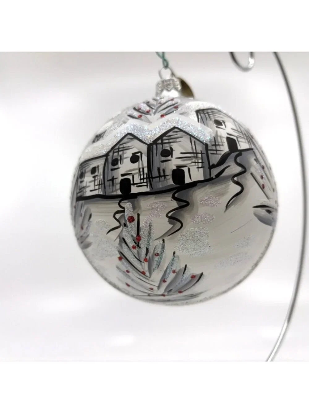Pier 1 Hand Blown Glass Ball Christmas Ornament Hand Painted Winter Scene 4